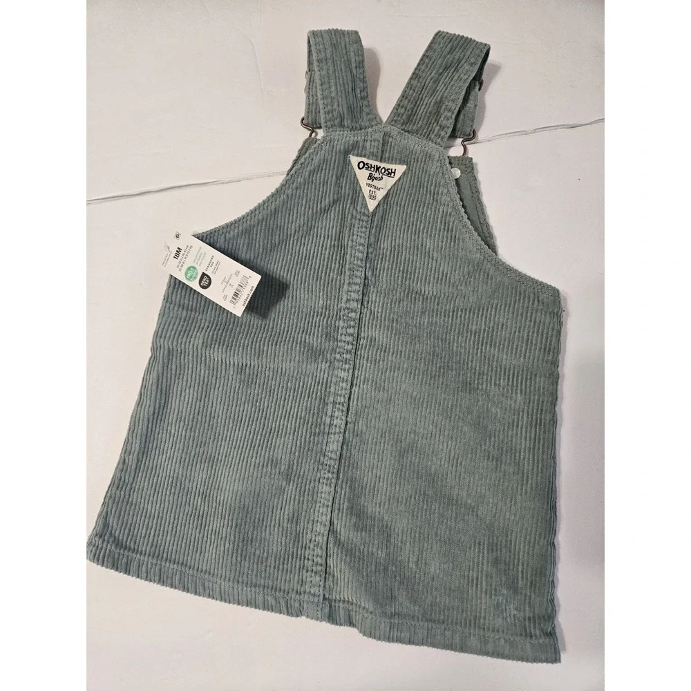 OshKosh B'gosh Girls Green Corduroy Overall Dress w/ Pockets 18 Months School